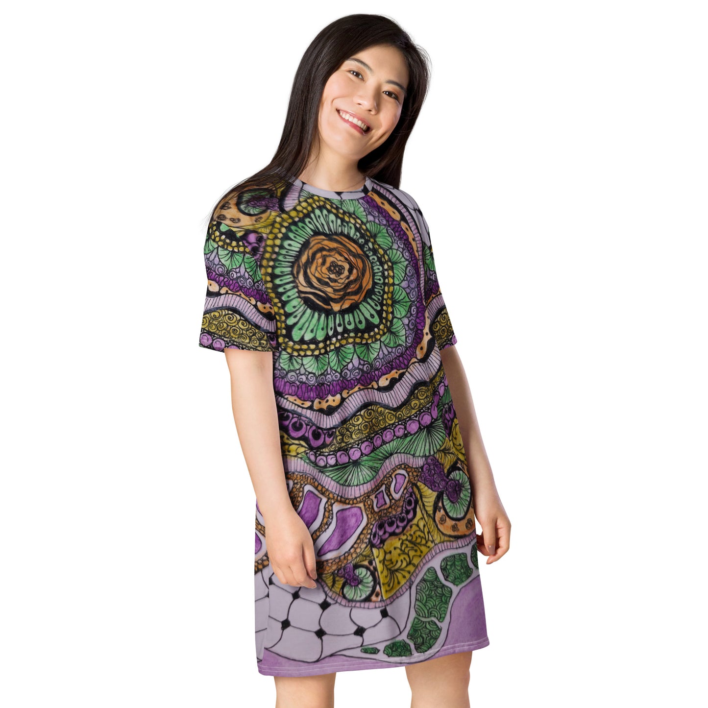 T-shirt Dress - Zen Floral Bliss - Colorful Zentangle Artwork Design by Cathy Dement