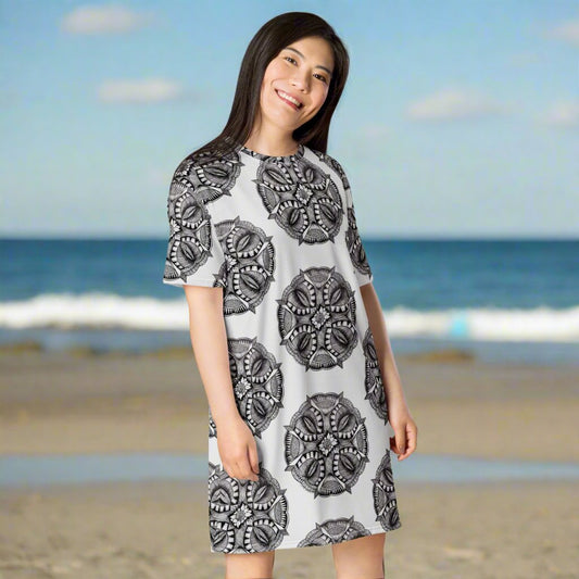 T-shirt Dress - Zen-Dala - Monochrome Zentangle Artwork Design by Cathy Dement