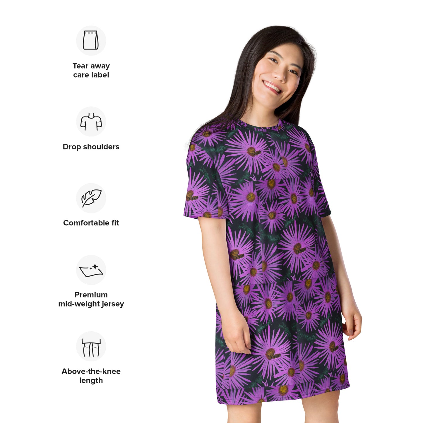 T-shirt Dress - Purple Aster Flowers with Bee - Colorful Floral Artwork Design by Cathy Dement