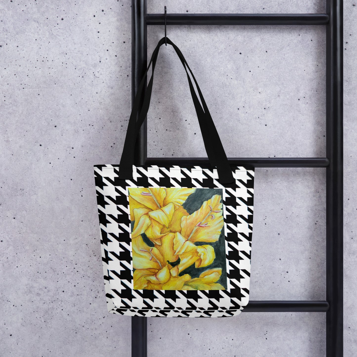 Tote bag: Hounds Tooth Pattern With Yellow Gladiola Artwork Design