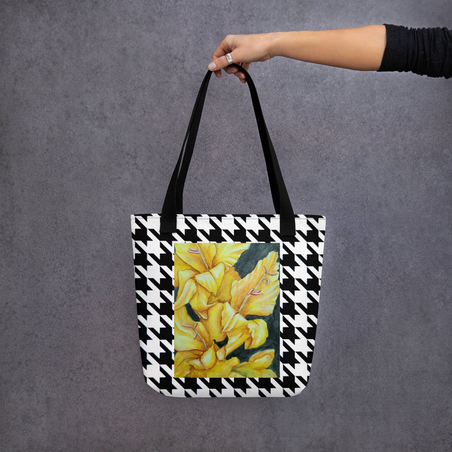 Tote bag: Hounds Tooth Pattern With Yellow Gladiola Artwork Design