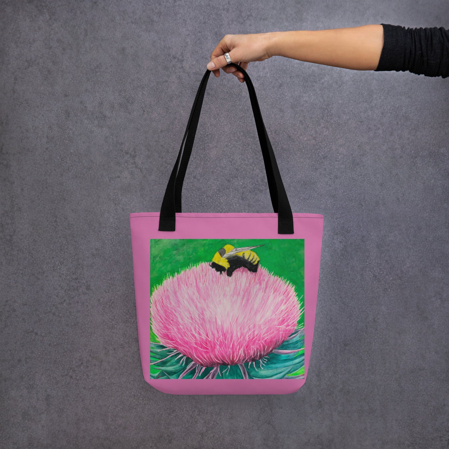 Pink Tote bag: Bumble Bee Bliss Floral Artwork Design