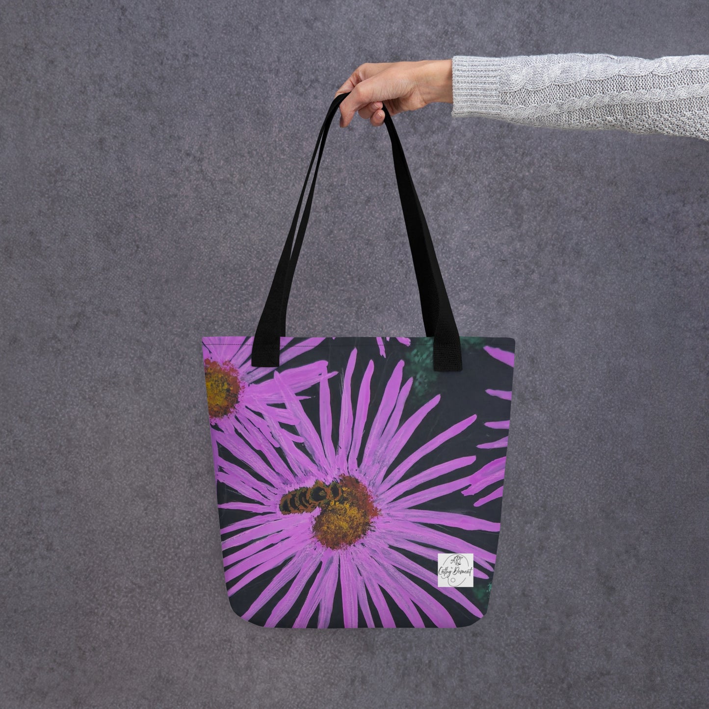 Tote Bag - Purple Aster Flowers with Bee, Colorful Floral Artwork Design