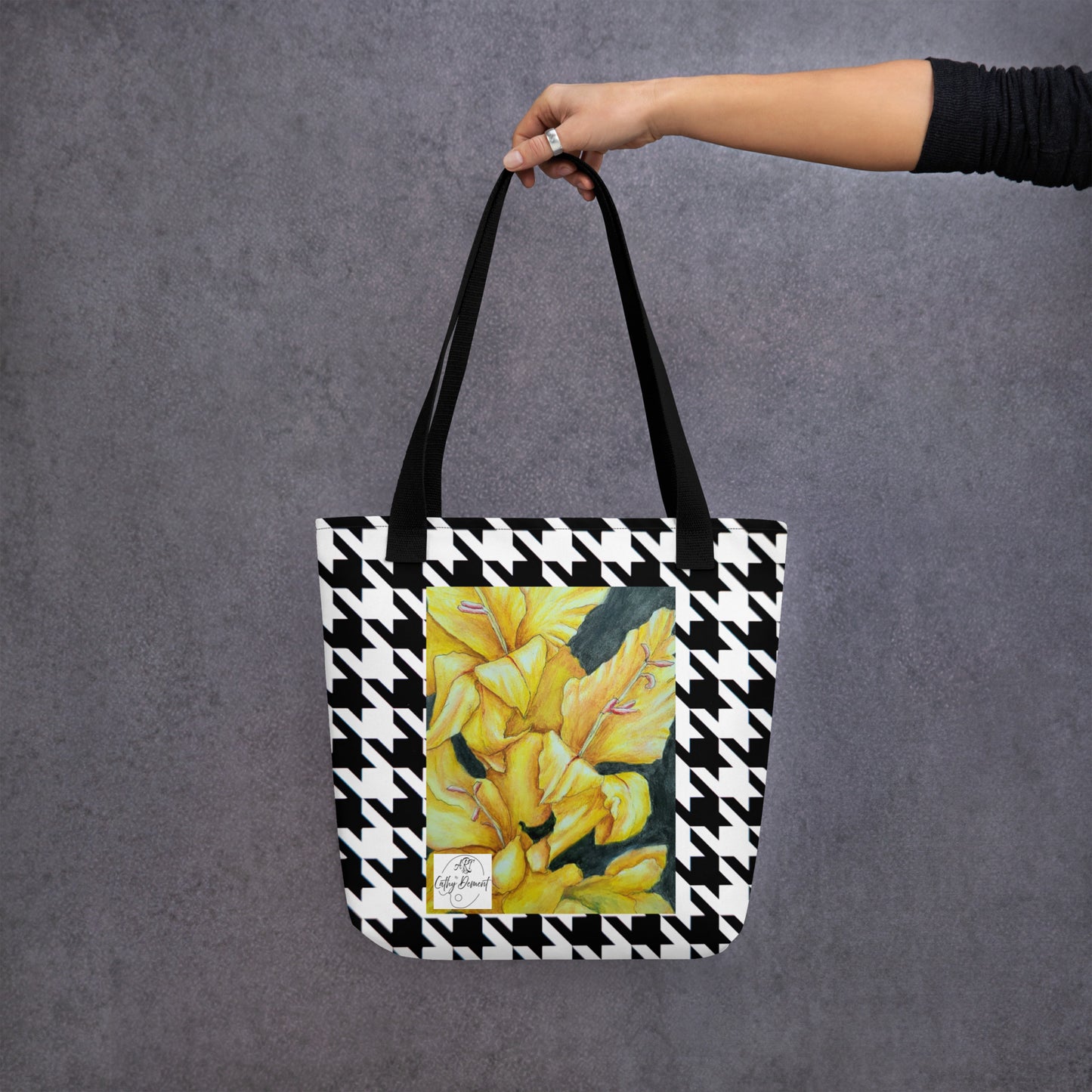 Tote bag: Hounds tooth Pattern With Yellow Gladiola Artwork Design