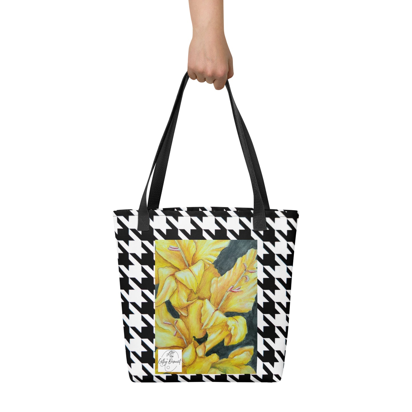 Tote bag: Hounds Tooth Pattern With Yellow Gladiola Artwork Design