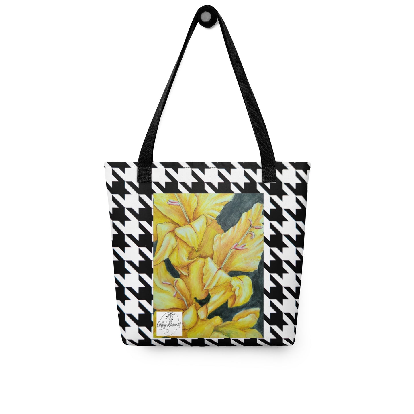 Tote bag: Hounds Tooth Pattern With Yellow Gladiola Artwork Design