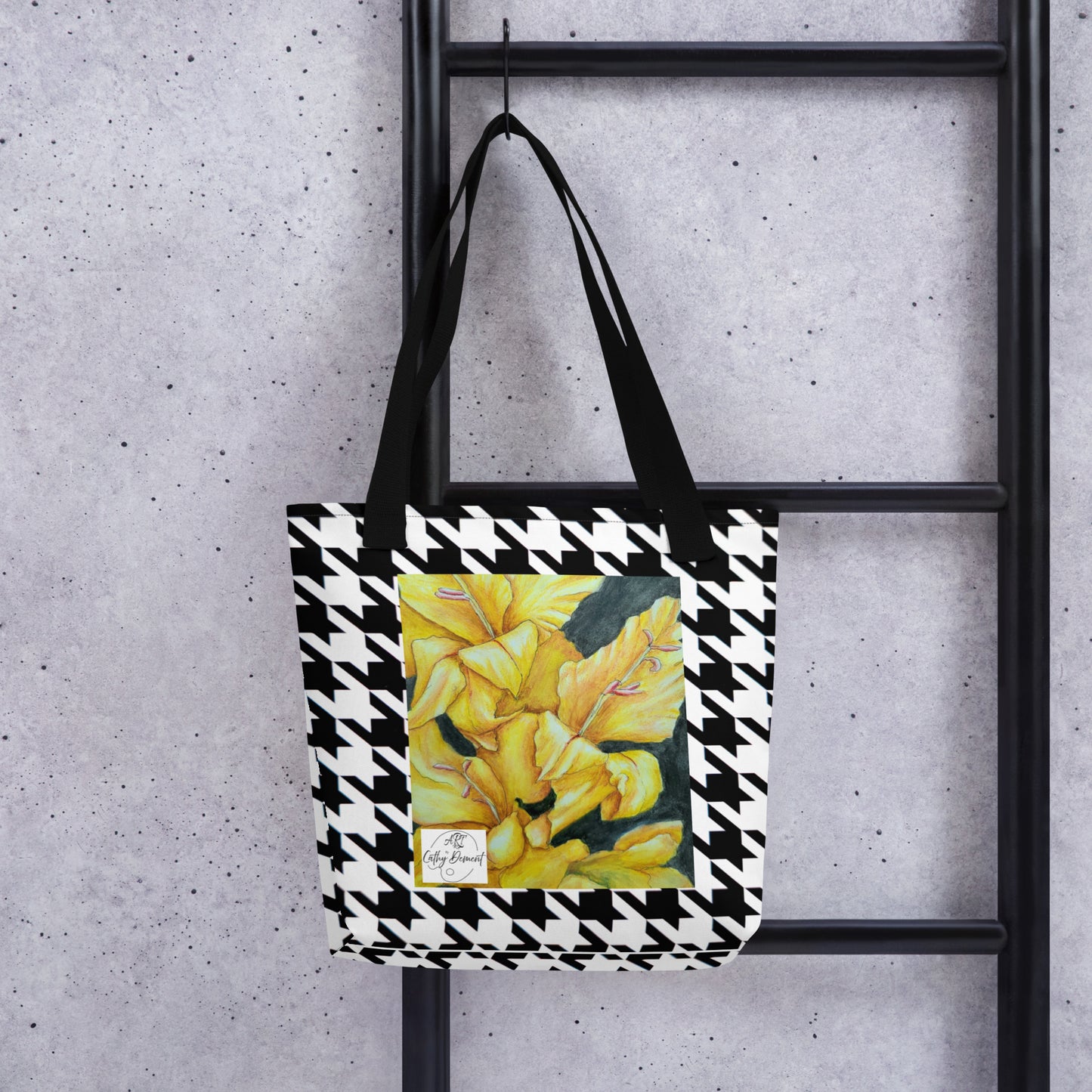 Tote bag: Hounds Tooth Pattern With Yellow Gladiola Artwork Design