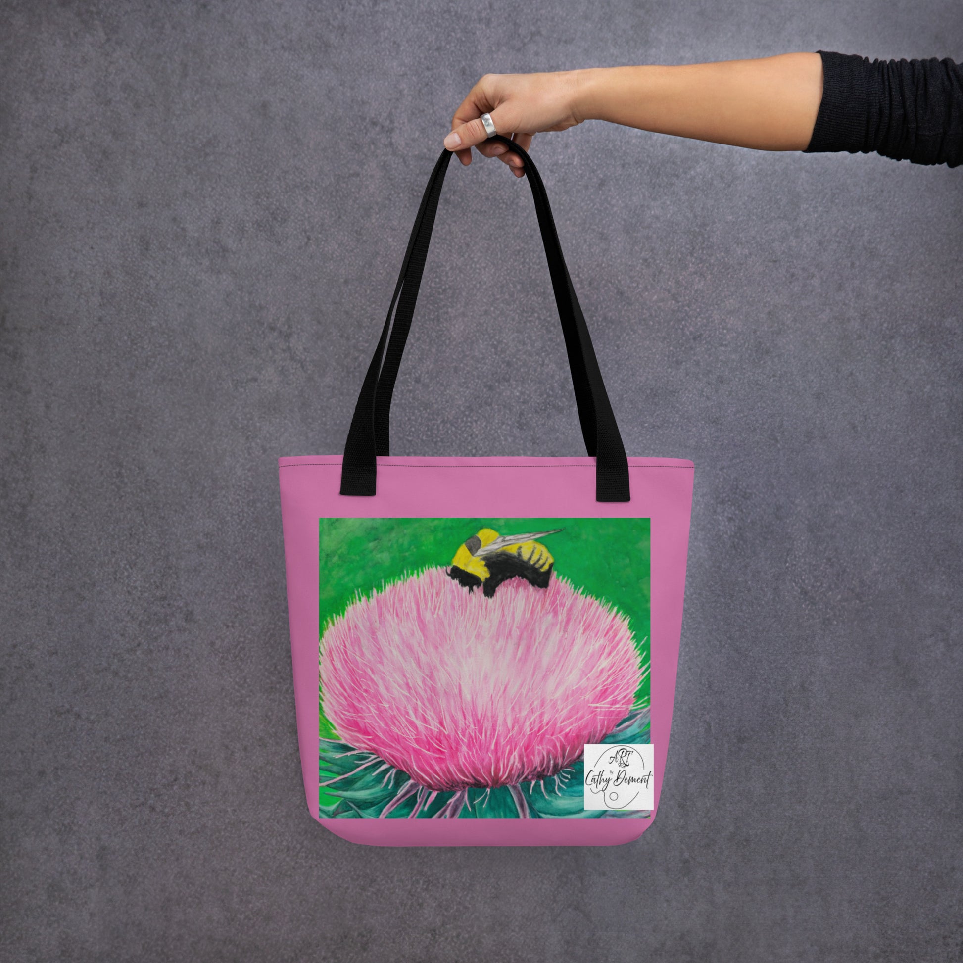 Pink Tote bag: Bumble Bee Bliss Floral Artwork Design