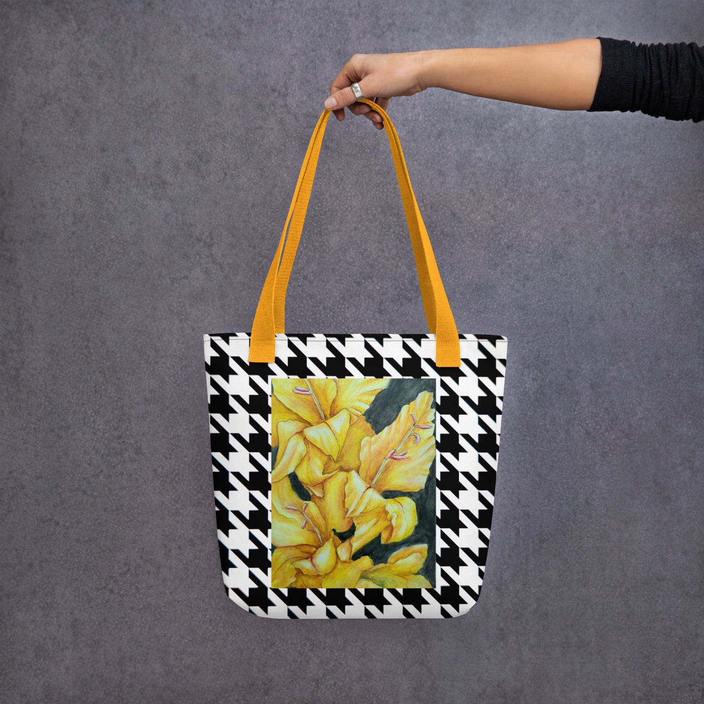 Tote bag: Hounds Tooth Pattern With Yellow Gladiola Artwork Design