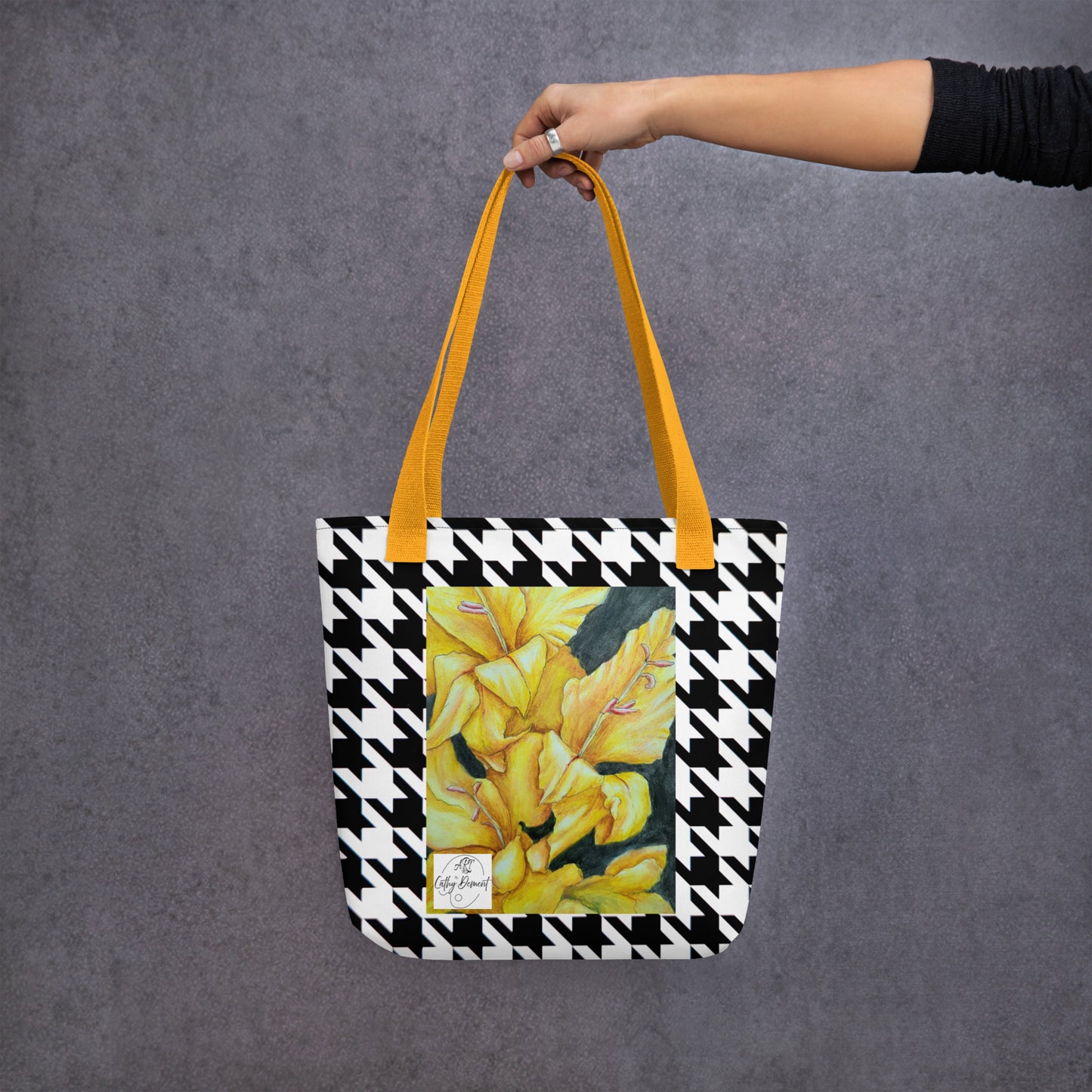 Tote bag: Hounds Tooth Pattern With Yellow Gladiola Artwork Design