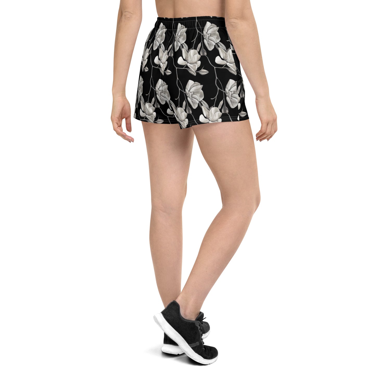 Athletic Shorts - Midnight Magnolias - Monochrome Floral Artwork Design