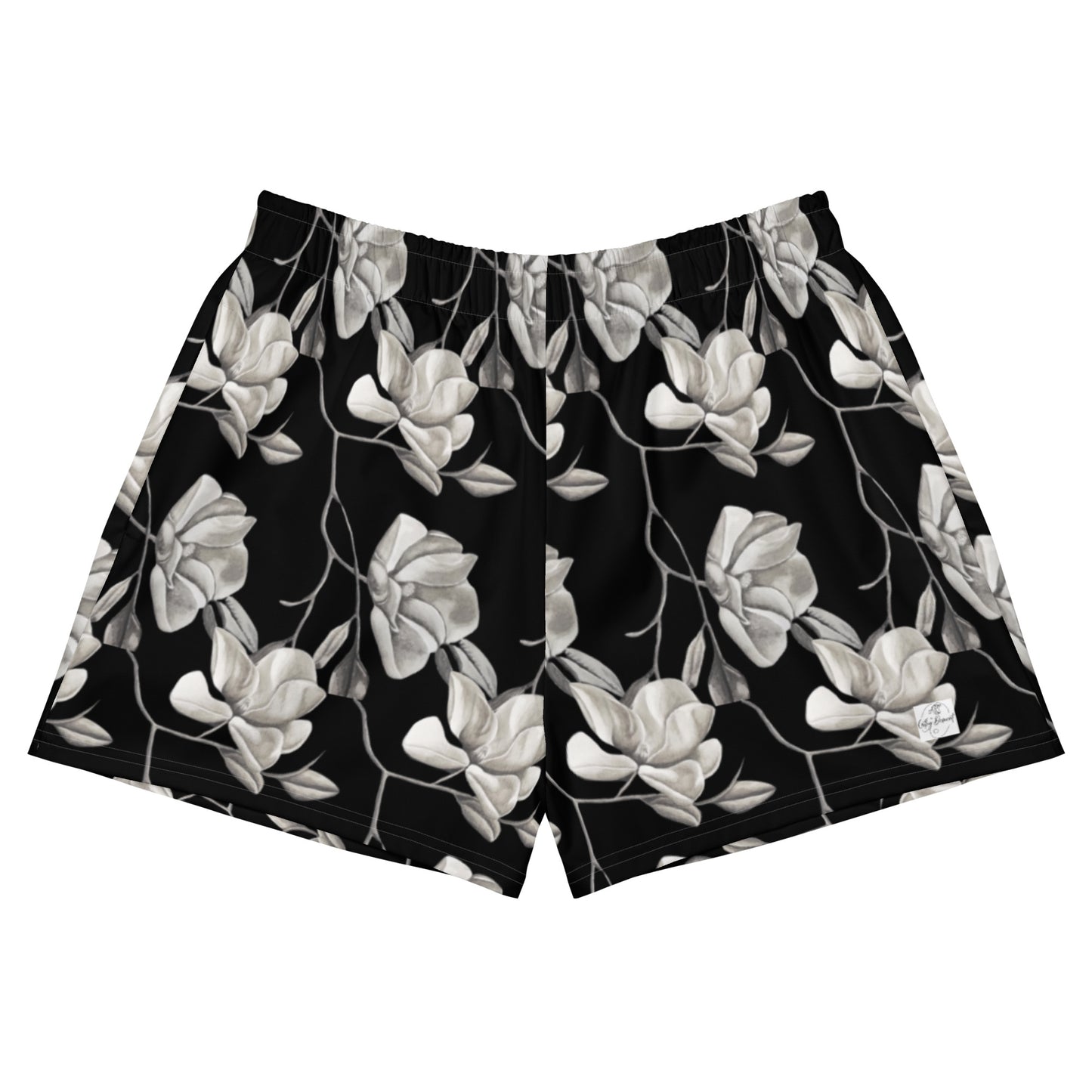 Athletic Shorts - Midnight Magnolias - Monochrome Floral Artwork Design