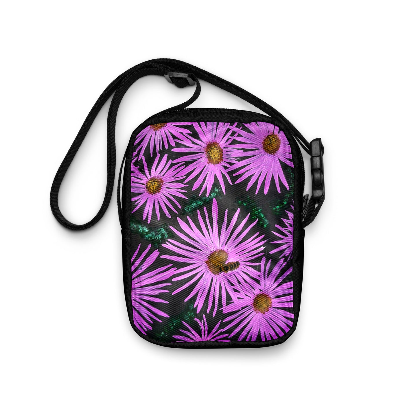 Utility Crossbody Bag Purse: Purple Aster Flowers with Bee Floral Print on Black Background