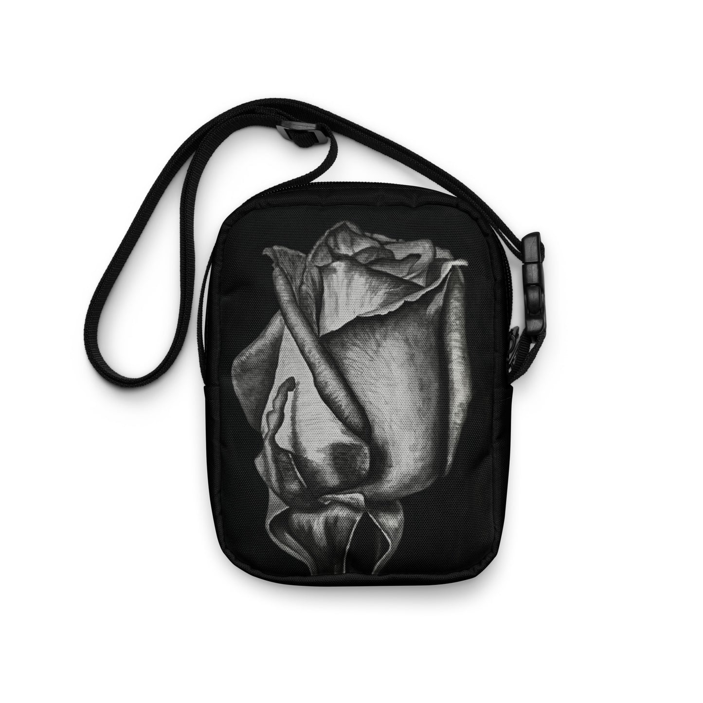 Utility Crossbody Bag Purse: Dusk's Embrace Monochrome Rose Artwork