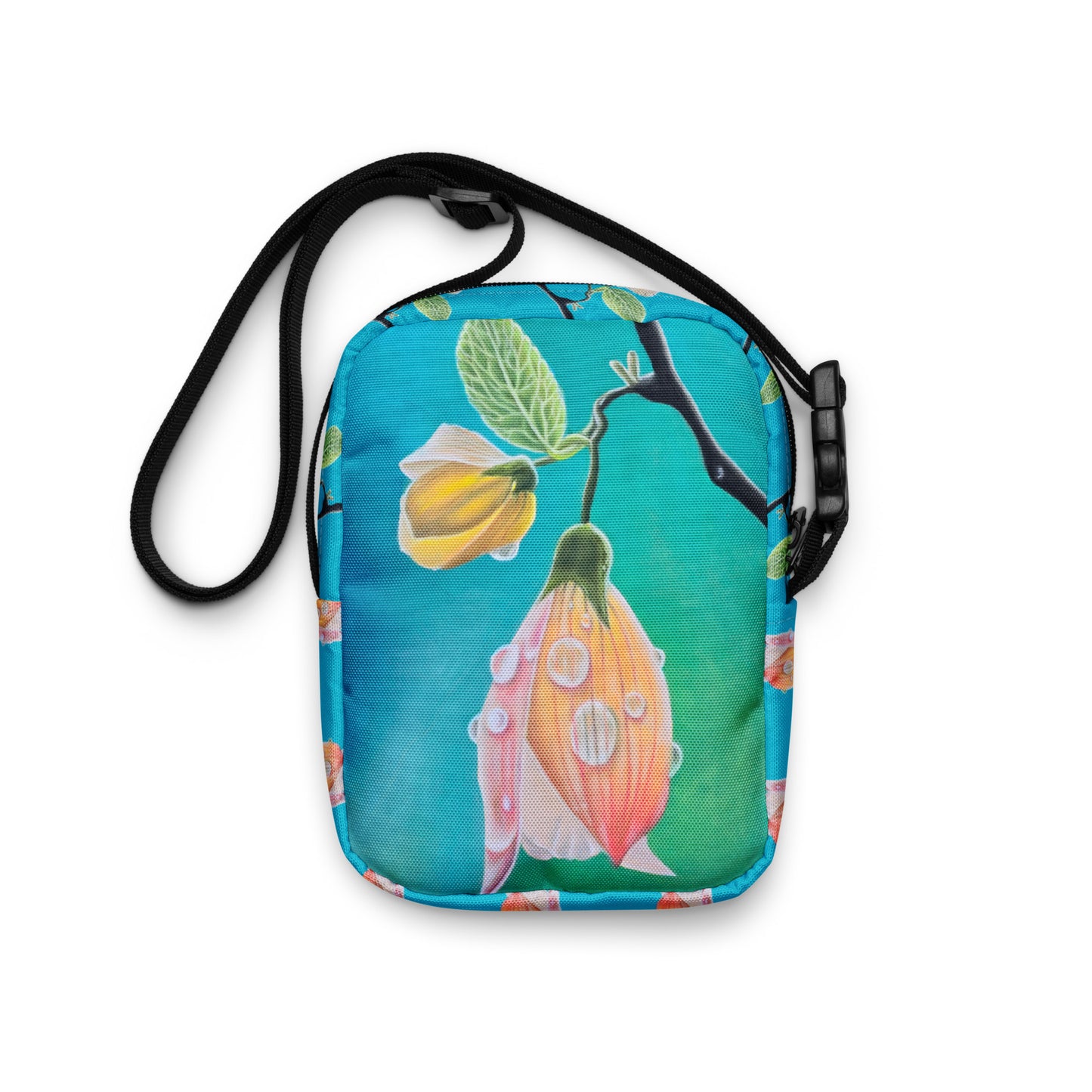 Utility Crossbody Bag - Tickled Pink, Colorful Abutilon Flower Artwork, Art Purse