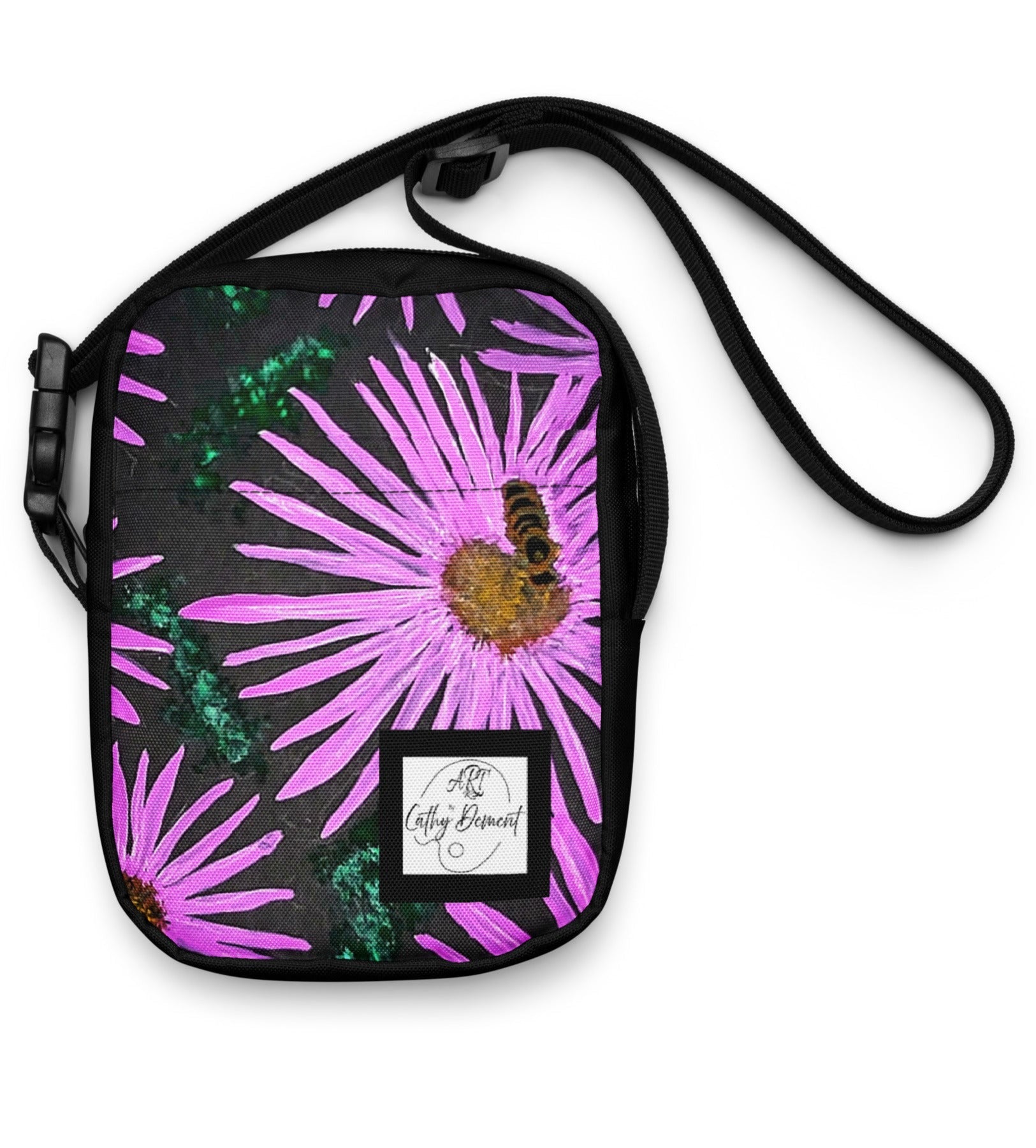 Utility Crossbody Bag Purse: Purple Flower and Bee Floral Print on Black Background