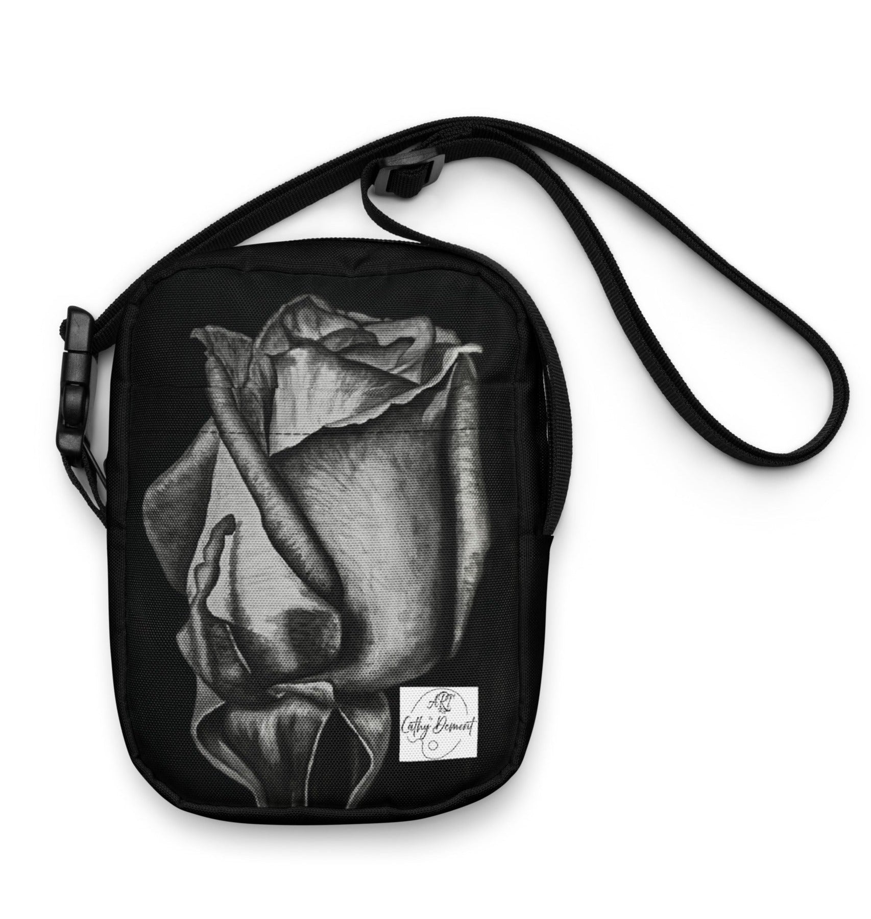 Utility Crossbody Bag Purse: Dusk's Embrace Monochrome Rose Artwork