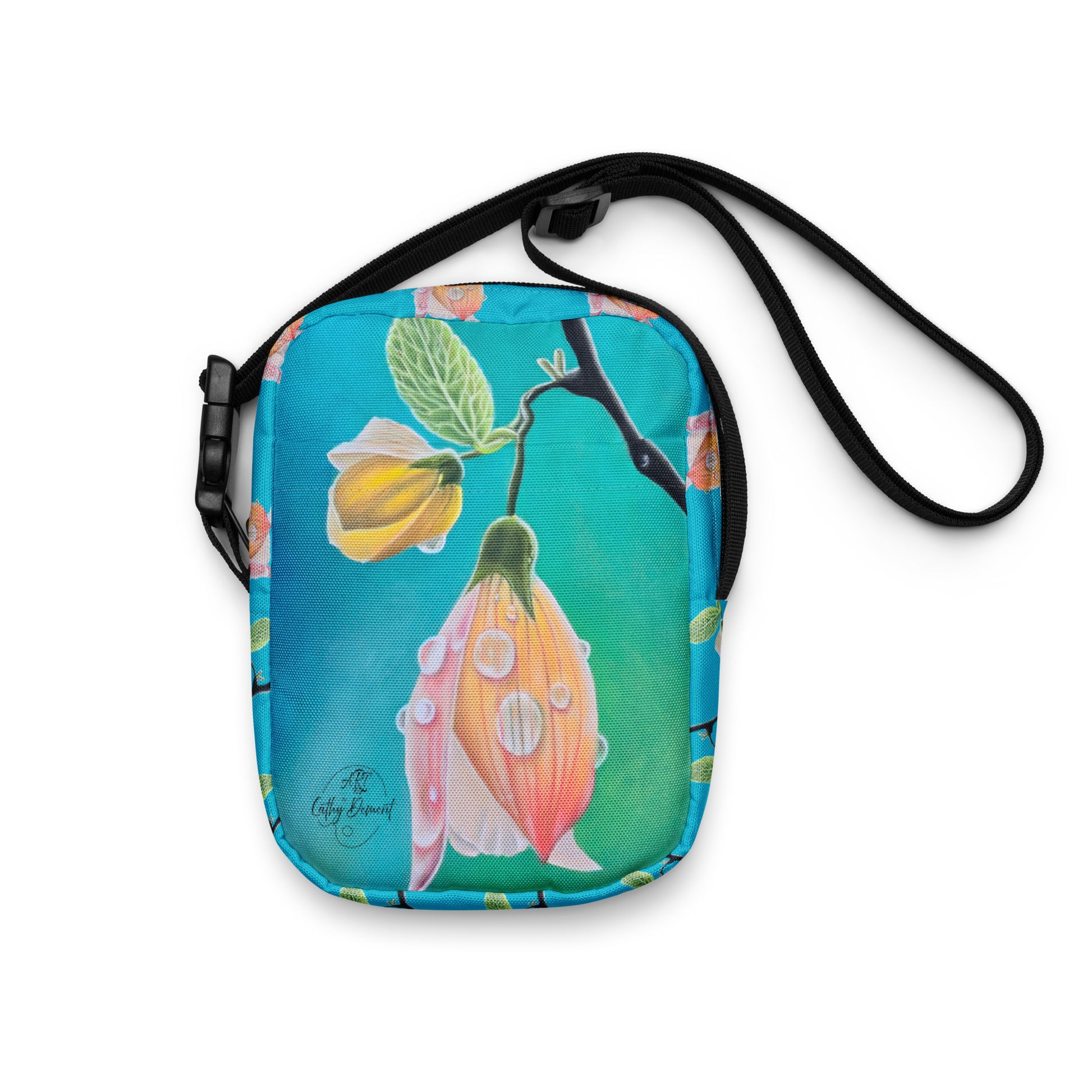 Utility Crossbody Bag - Tickled Pink, Colorful Abutilon Flower Artwork, Art Purse