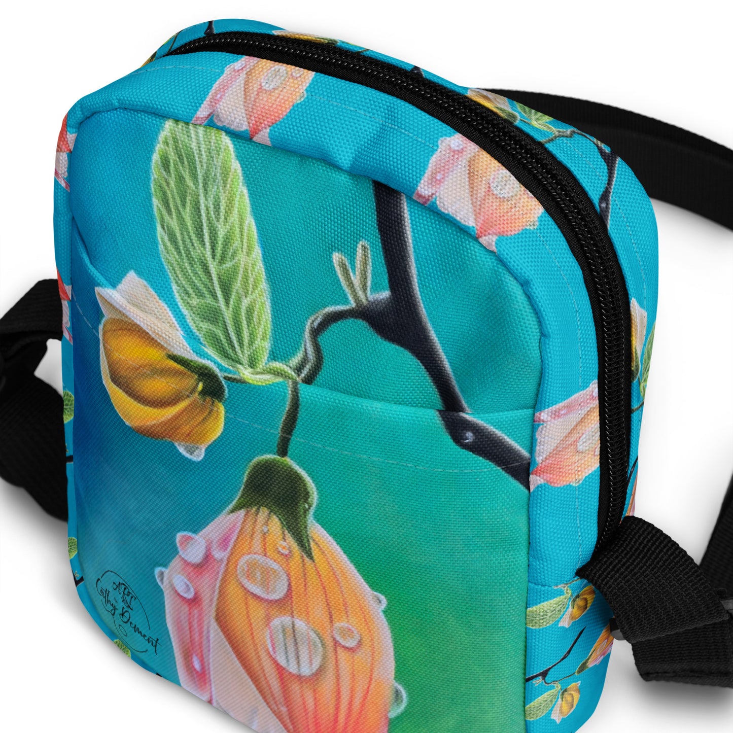 Utility Crossbody Bag - Tickled Pink, Colorful Abutilon Flower Artwork, Art Purse