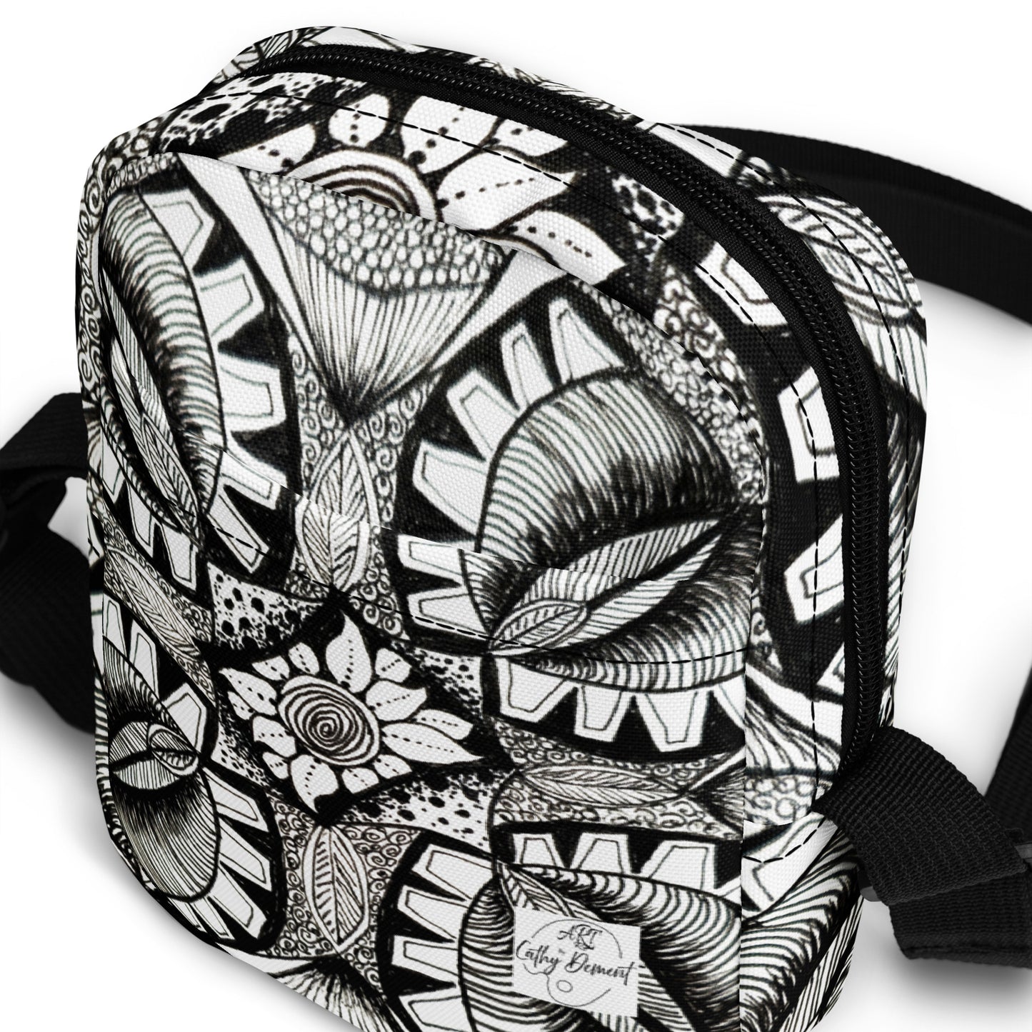 Utility Crossbody Bag -Zen-dala, Monochrome Floral Artwork, Art Purse