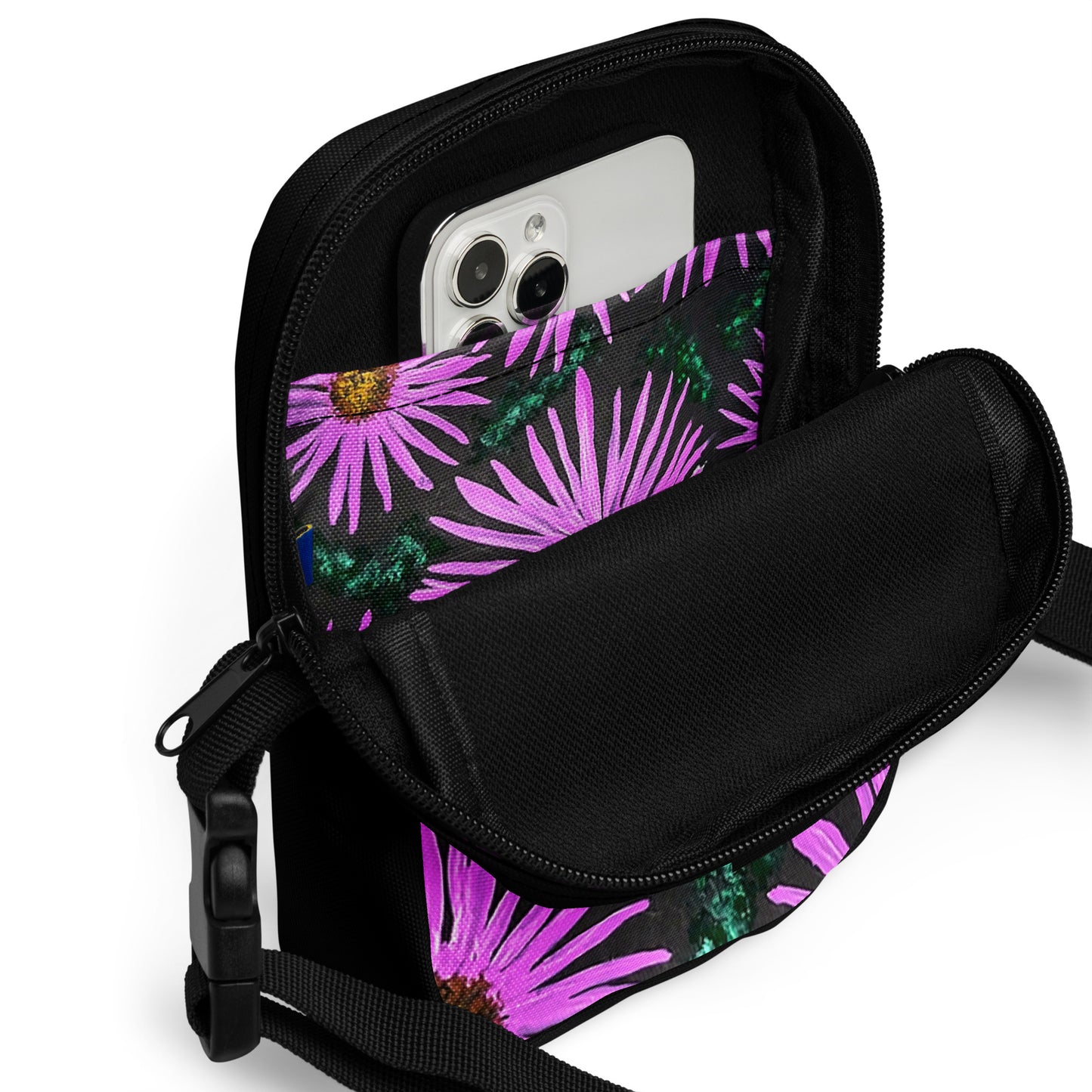 Utility Crossbody Bag Purse: Purple Aster Flowers with Bee Floral Print on Black Background