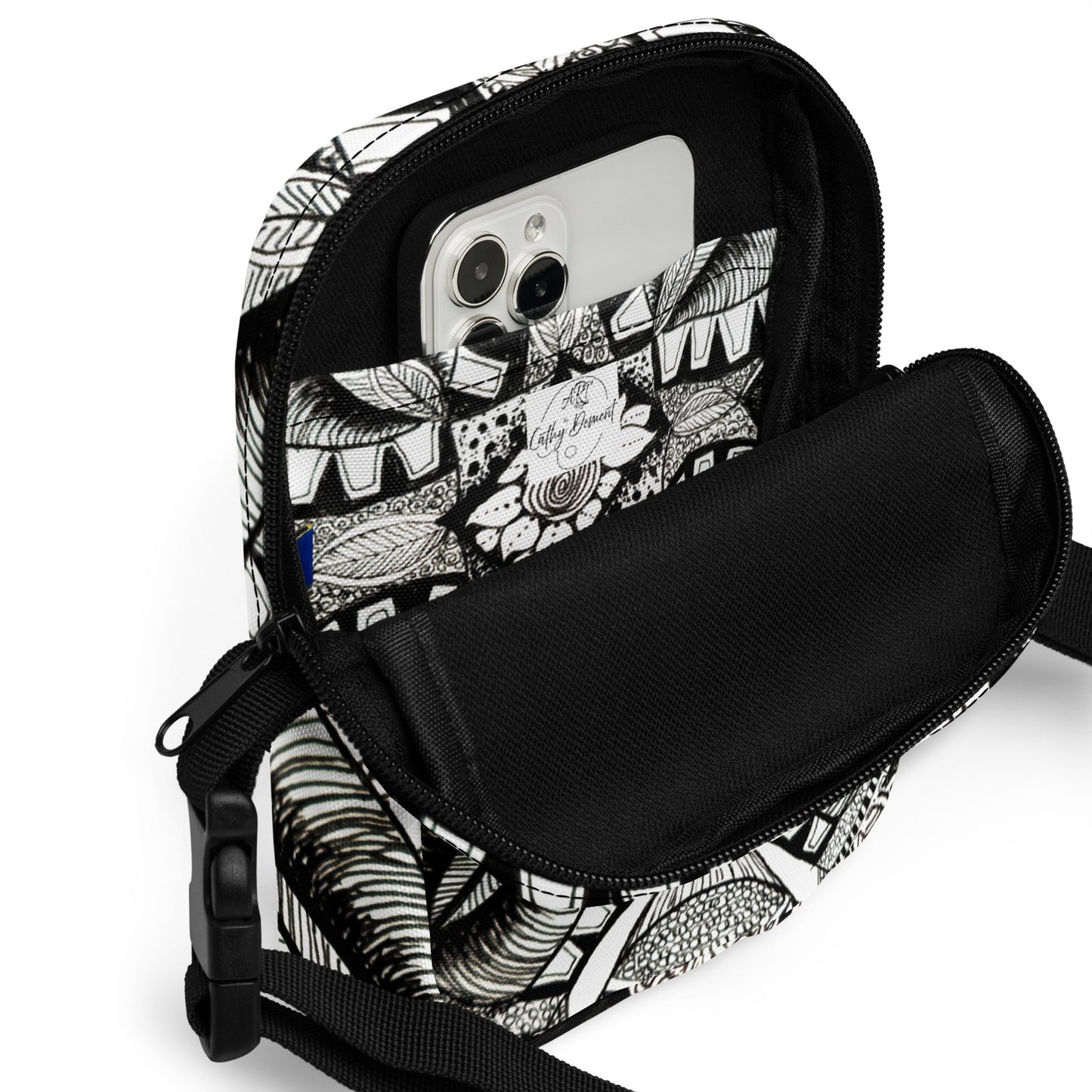 Utility Crossbody Bag -Zen-dala, Monochrome Floral Artwork, Art Purse