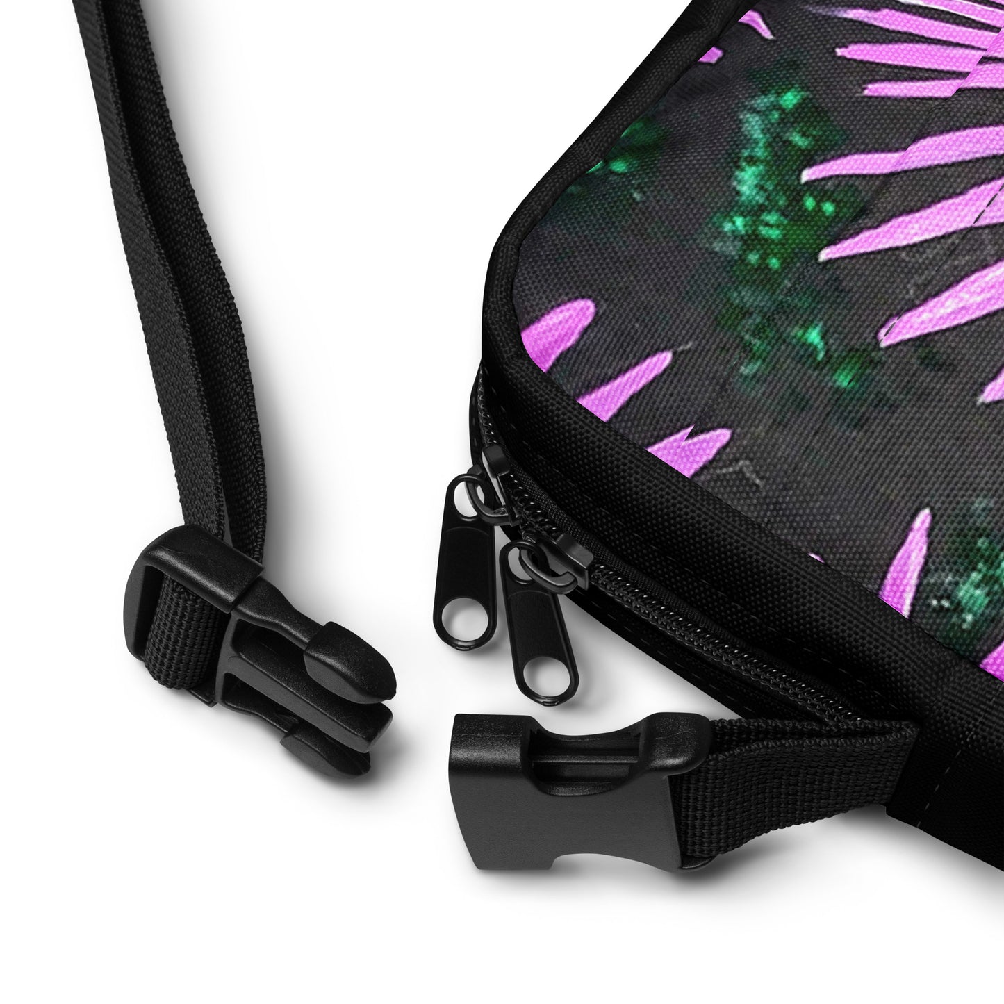 Utility Crossbody Bag Purse: Purple Aster Flowers with Bee Floral Print on Black Background