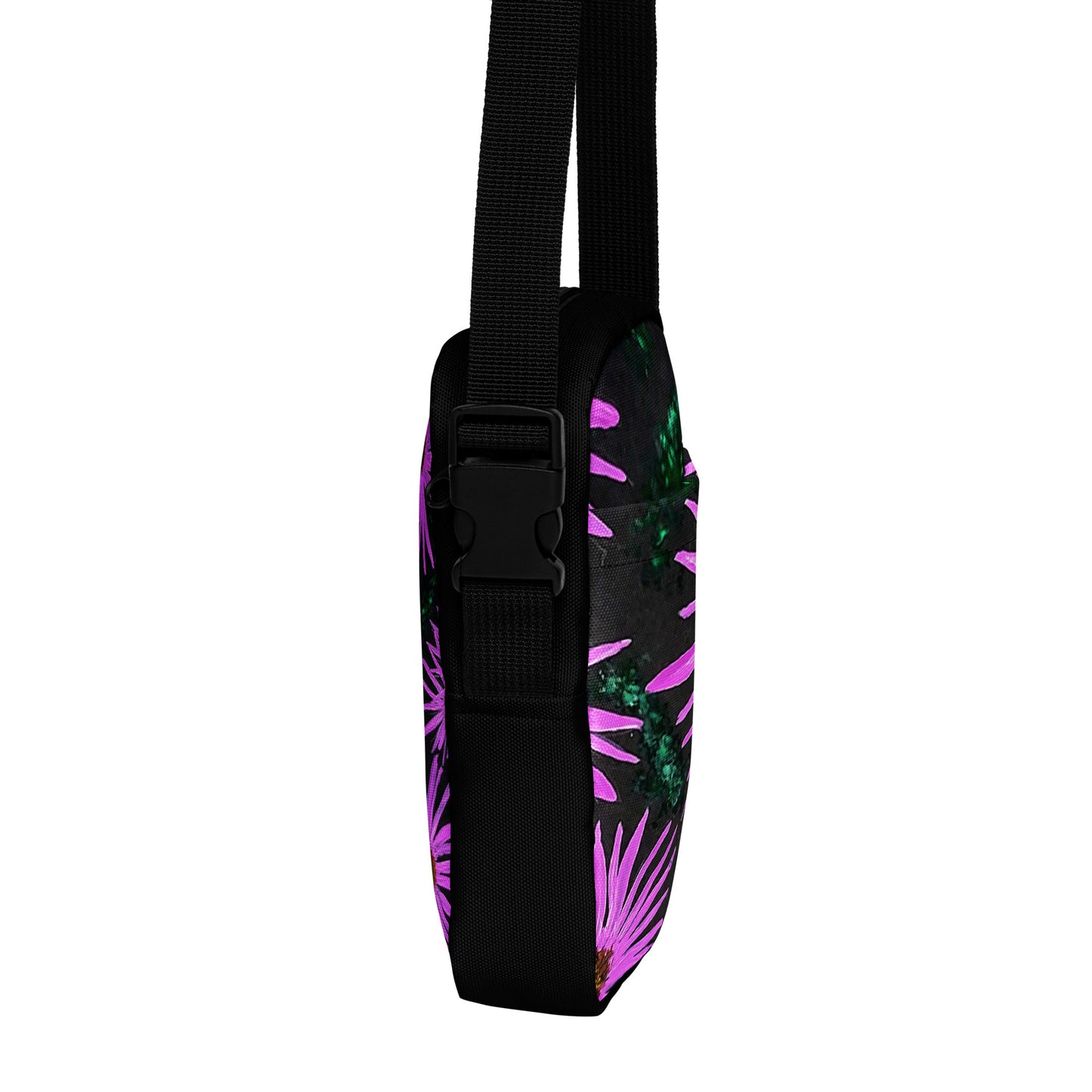 Utility Crossbody Bag Purse: Purple Aster Flowers with Bee Floral Print on Black Background