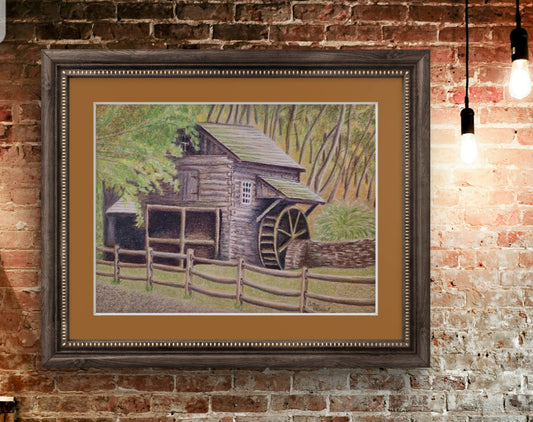 Rustic Fall Retreat: Barn and Water Wheel Artwork Giclée Print