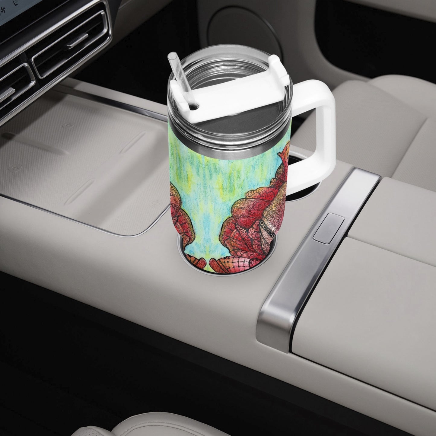 40oz Car Tumbler Cup - Zen Floral Harmony - Colorful Zentangle Flower Artwork Design