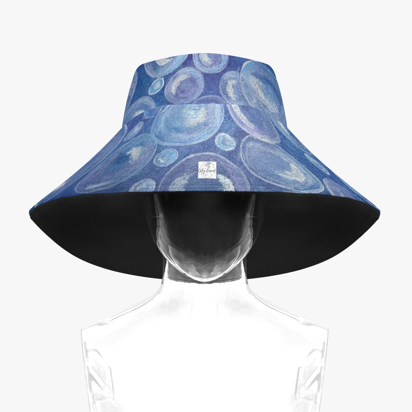 Floppy Sun Hat - Tranquil Reflections: Blue and White Reflective Bubble Artwork Design