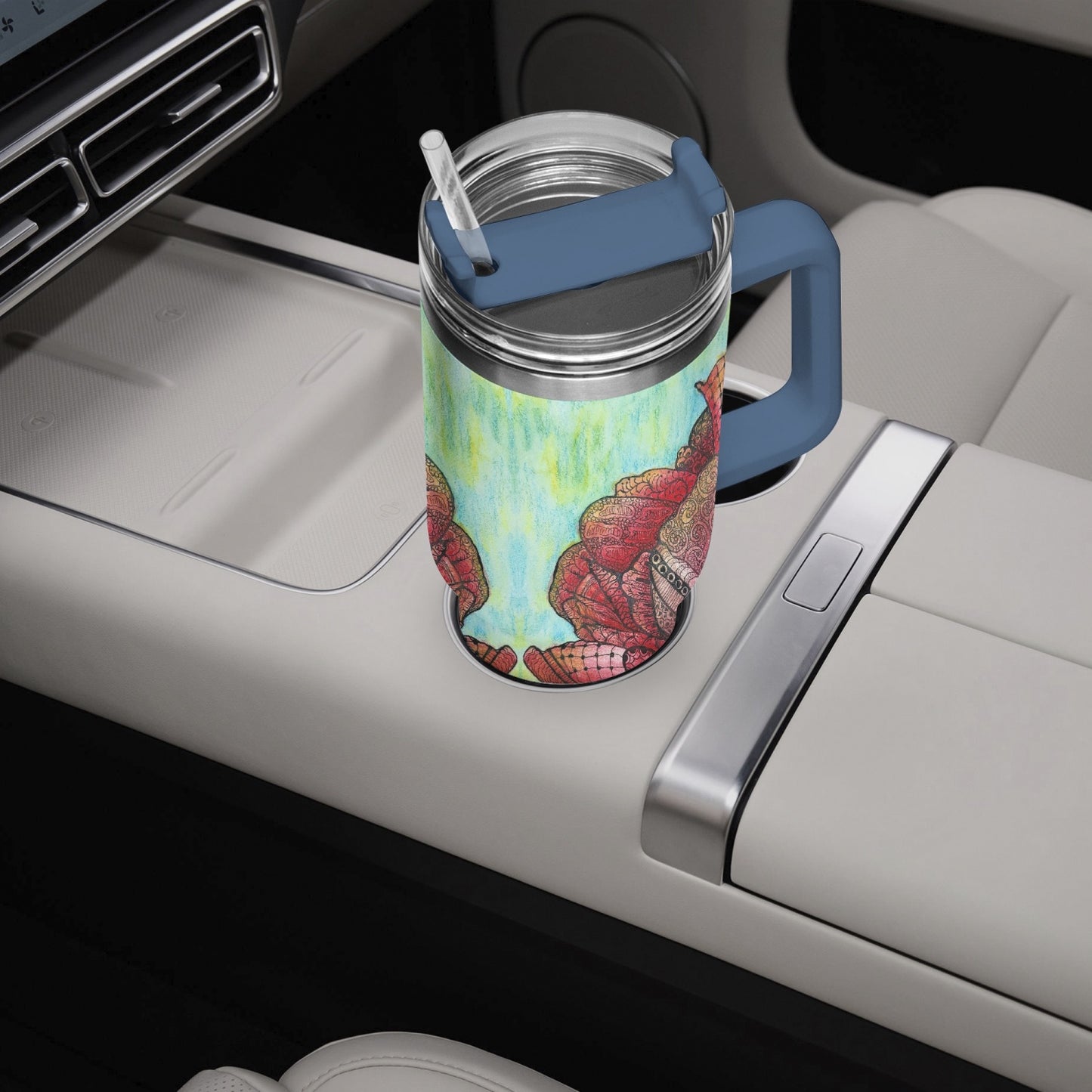 40oz Car Tumbler Cup - Zen Floral Harmony - Colorful Zentangle Flower Artwork Design