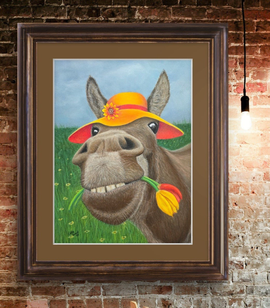 The Tulip Thief: Whimsical Donkey In Floppy Hat Artwork Giclée Print