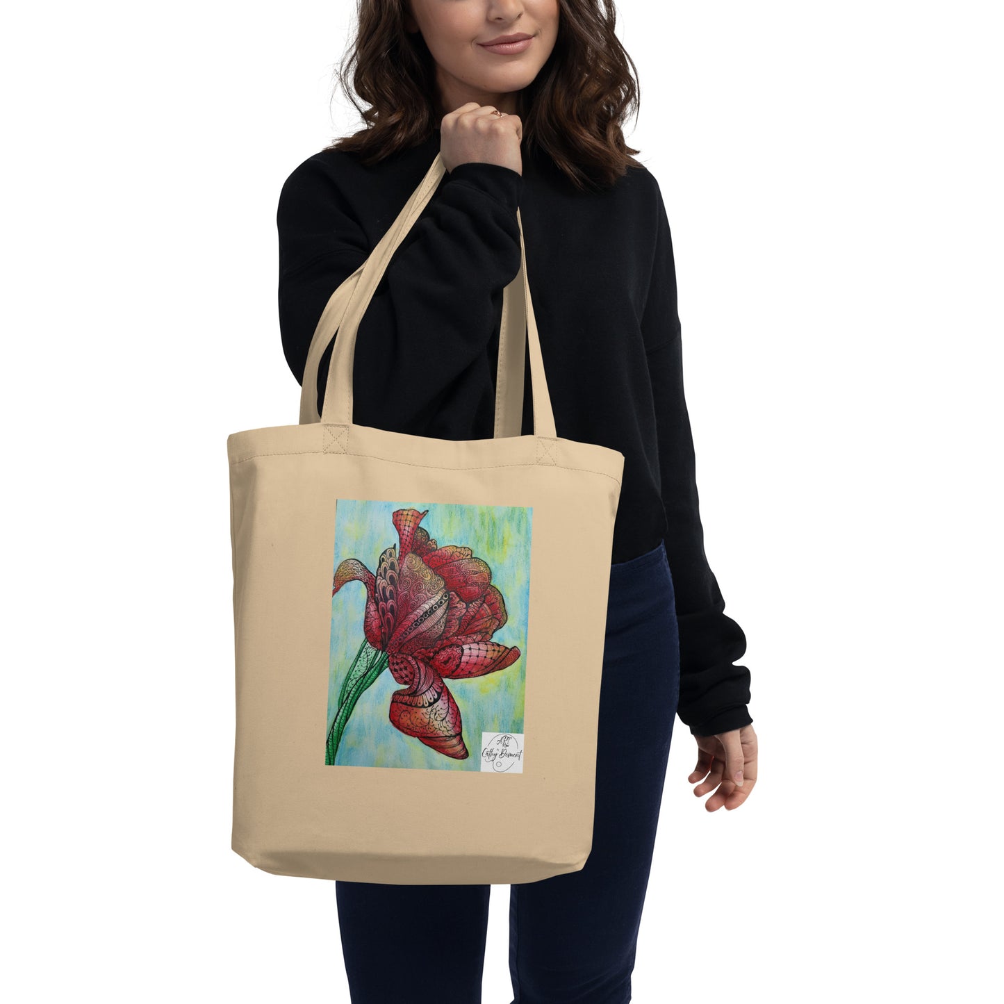 Zen Floral Harmony: Tote Bag with Intricate Zentangle Flower Art