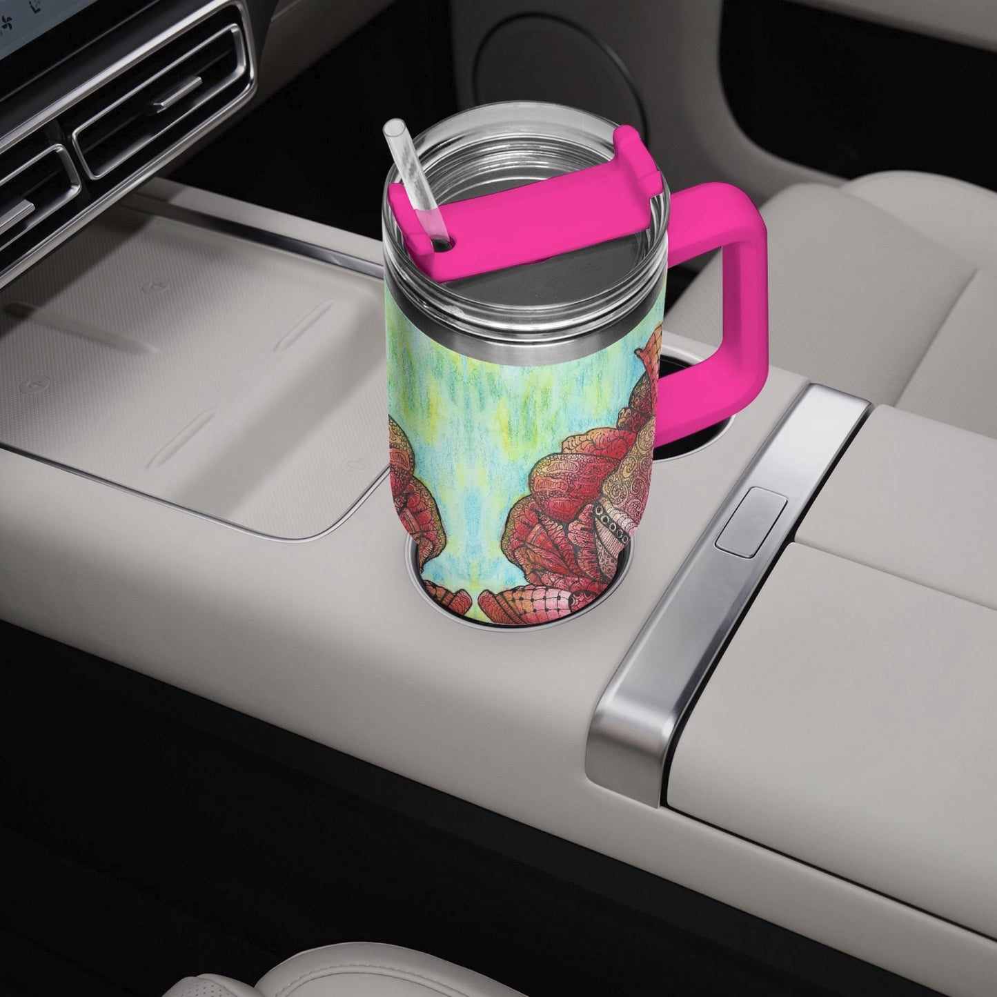 40oz Car Tumbler Cup - Zen Floral Harmony - Colorful Zentangle Flower Artwork Design