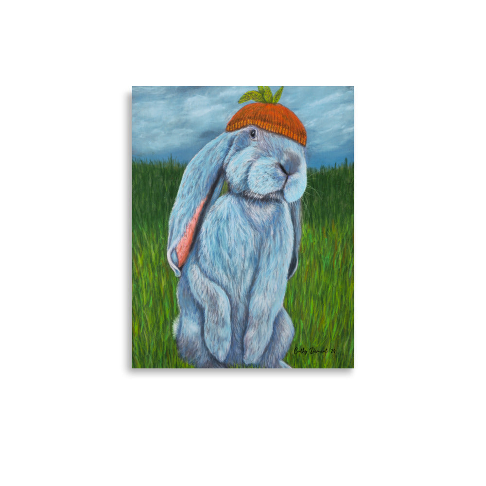 Giclée Print -Carrot Couture - Whimsical Rabbit in Knit Carrot Cap, Wall Art by Cathy Dement