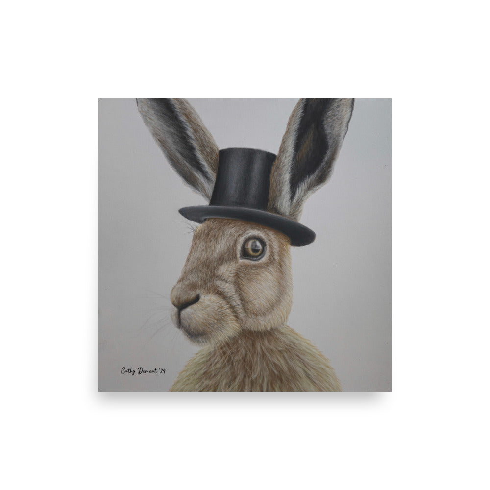 Giclée Print - Dapper Aristohare - Whimsical Rabbit in Top Hat Artwork by Cathy Dement. Wall Art