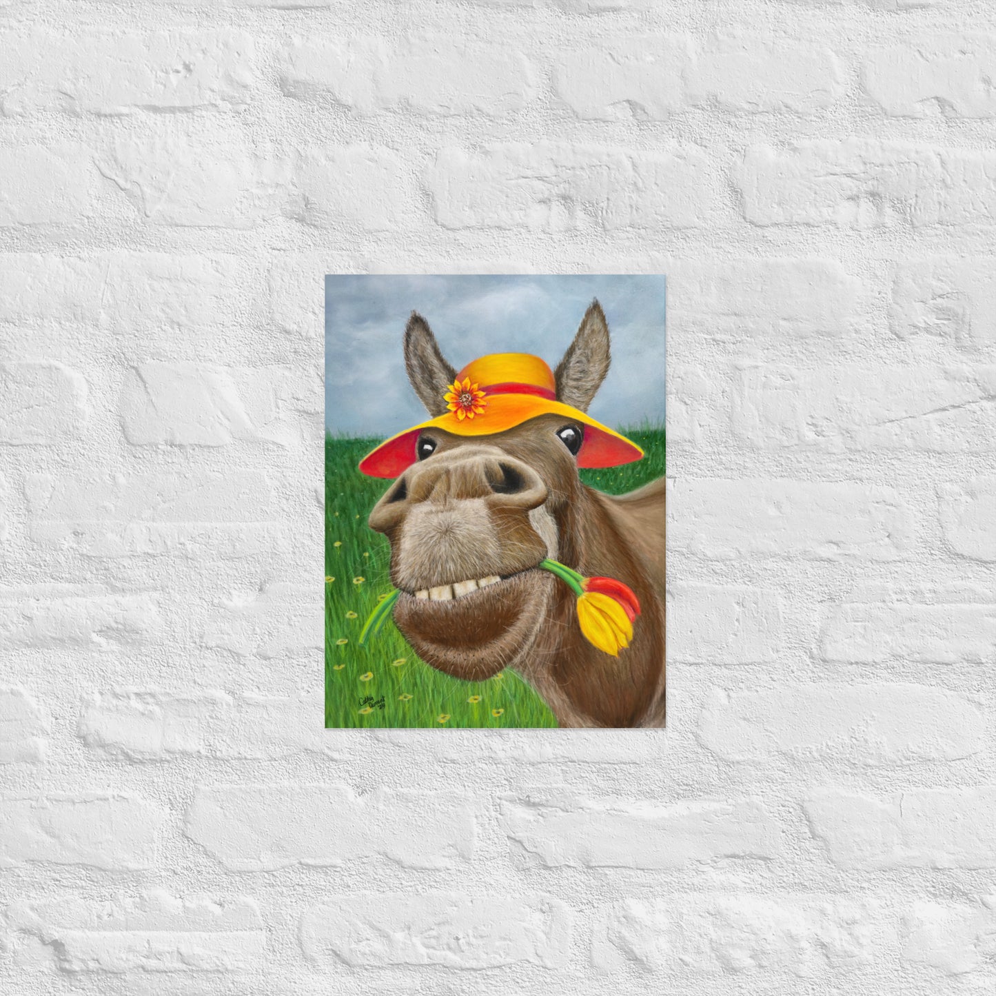 Giclée Print - The Tulip Thief: Whimsical Donkey In Floppy Hat Artwork