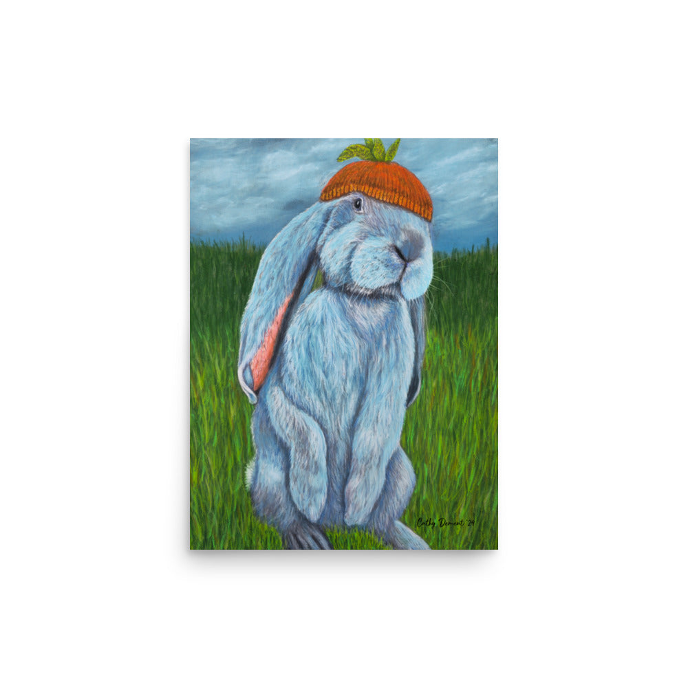 Giclée Print -Carrot Couture - Whimsical Rabbit in Knit Carrot Cap, Wall Art by Cathy Dement