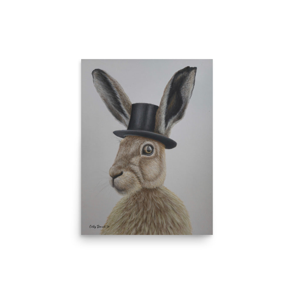 Giclée Print - Dapper Aristohare - Whimsical Rabbit in Top Hat Artwork by Cathy Dement. Wall Art