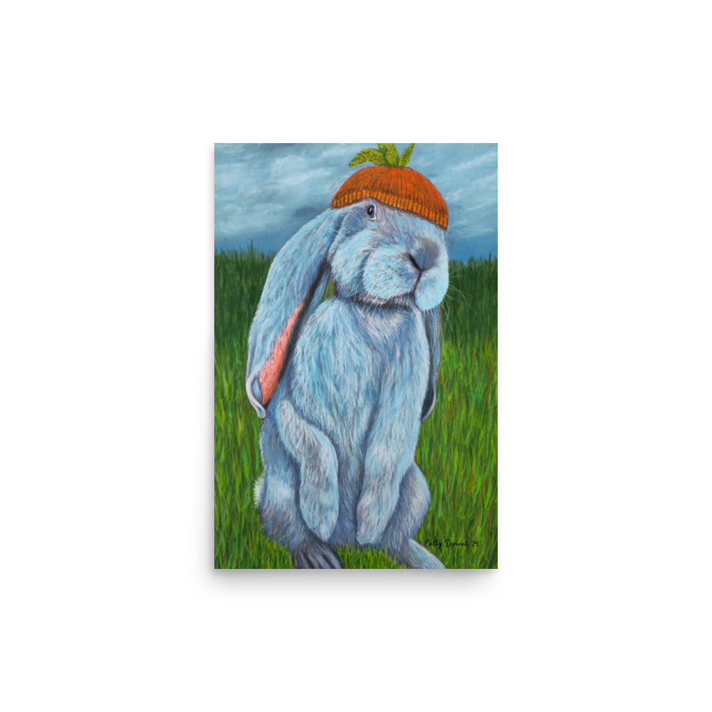 Giclée Print -Carrot Couture - Whimsical Rabbit in Knit Carrot Cap, Wall Art by Cathy Dement