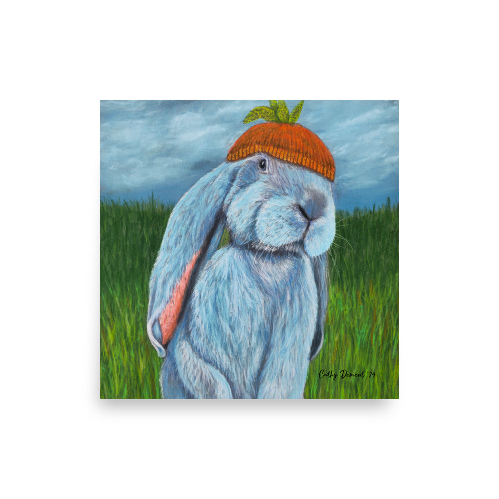 Giclée Print -Carrot Couture - Whimsical Rabbit in Knit Carrot Cap, Wall Art by Cathy Dement