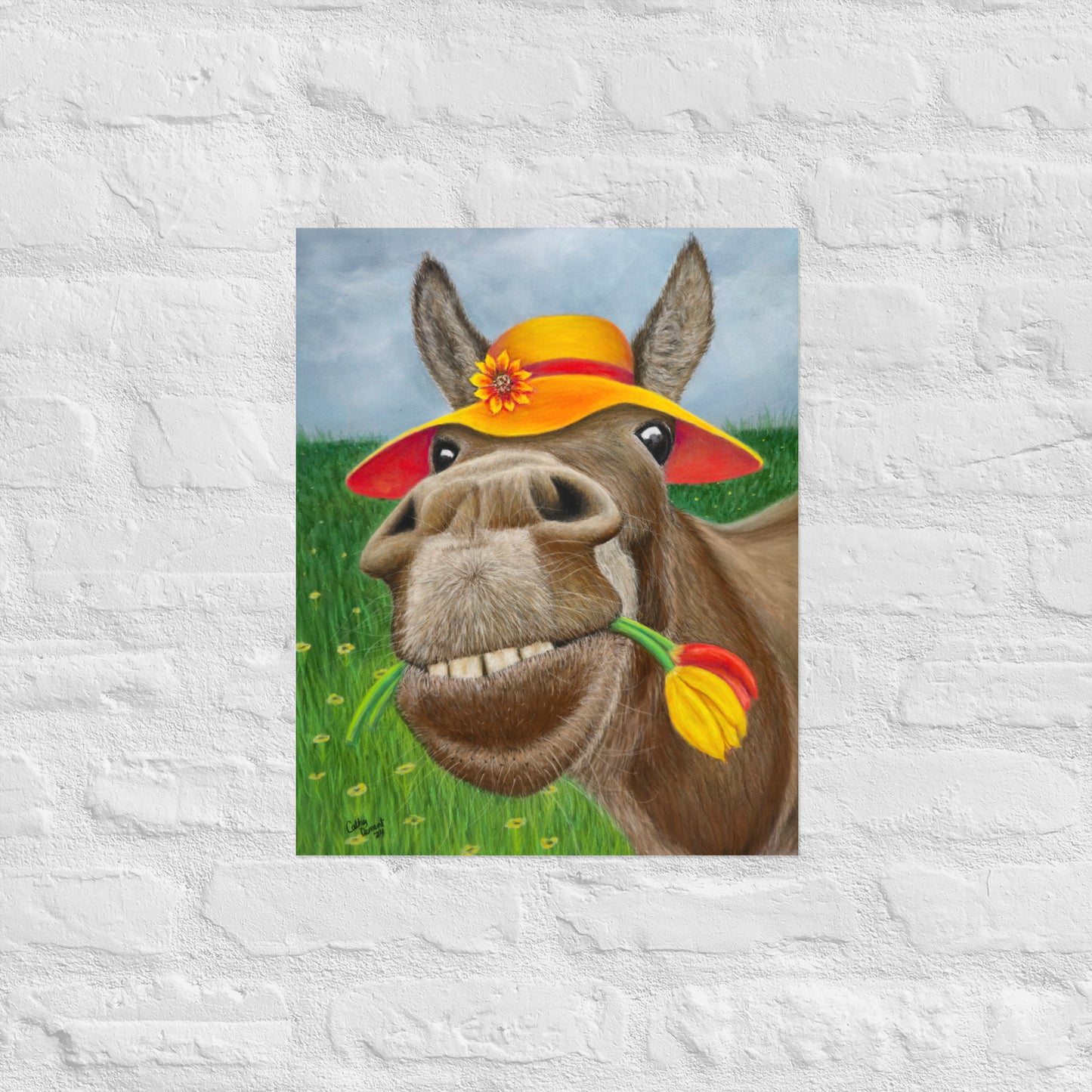 Giclée Print - The Tulip Thief: Whimsical Donkey In Floppy Hat Artwork