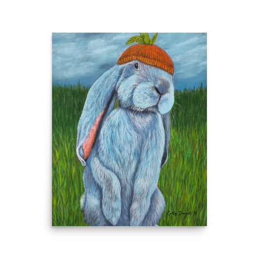 Carrot Couture Giclée Print - Whimsical Rabbit in Knit Carrot Cap, Wall Art by Cathy Dement