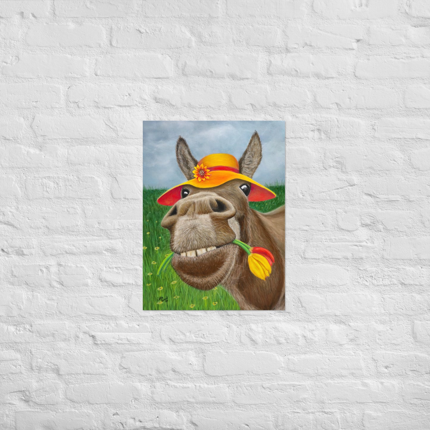 Giclée Print - The Tulip Thief: Whimsical Donkey In Floppy Hat Artwork