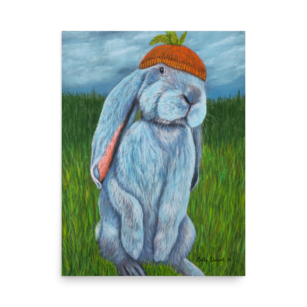 Giclée Print -Carrot Couture - Whimsical Rabbit in Knit Carrot Cap, Wall Art by Cathy Dement