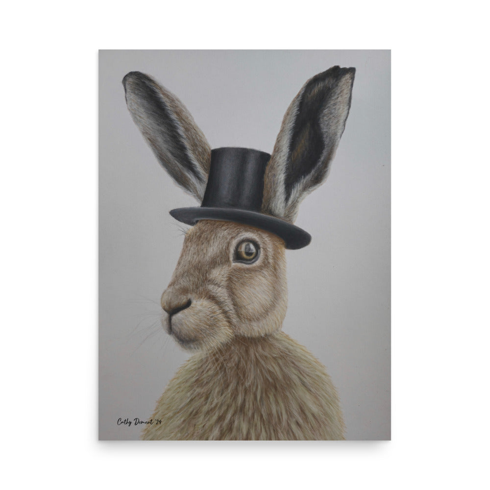 Giclée Print - Dapper Aristohare - Whimsical Rabbit in Top Hat Artwork by Cathy Dement. Wall Art