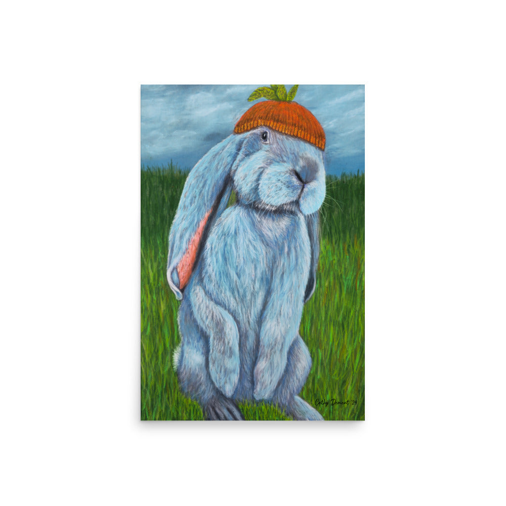 Giclée Print -Carrot Couture - Whimsical Rabbit in Knit Carrot Cap, Wall Art by Cathy Dement