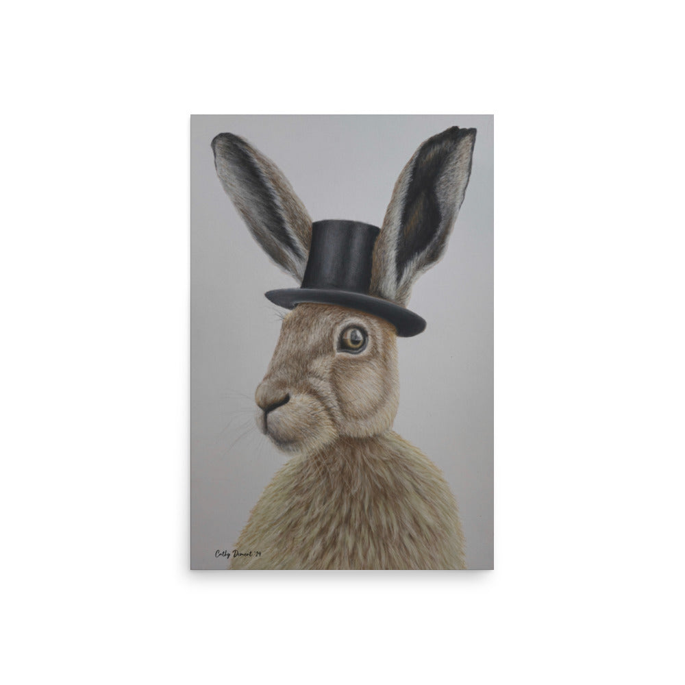 Giclée Print - Dapper Aristohare - Whimsical Rabbit in Top Hat Artwork by Cathy Dement. Wall Art