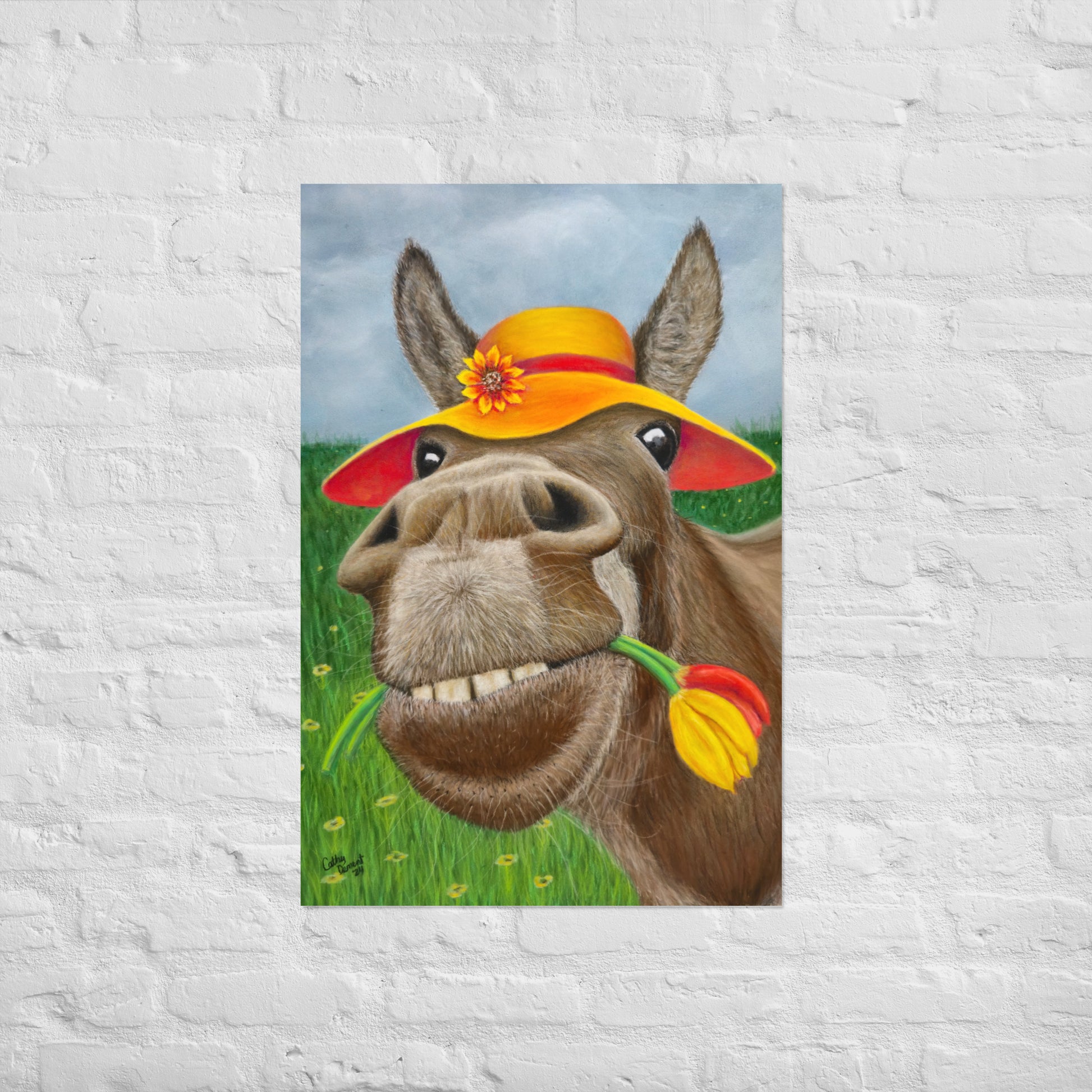 The Tulip Thief: Whimsical Donkey In Floppy Hat Artwork Giclée Print